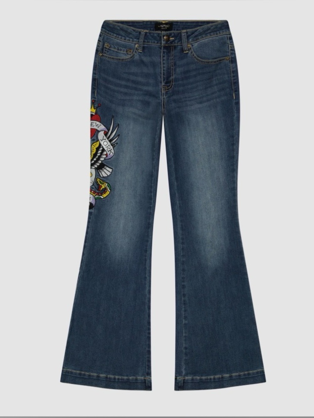 Ed Hardy Y2K Slim Flare Medium Wash Denim Embroidered Jeans New